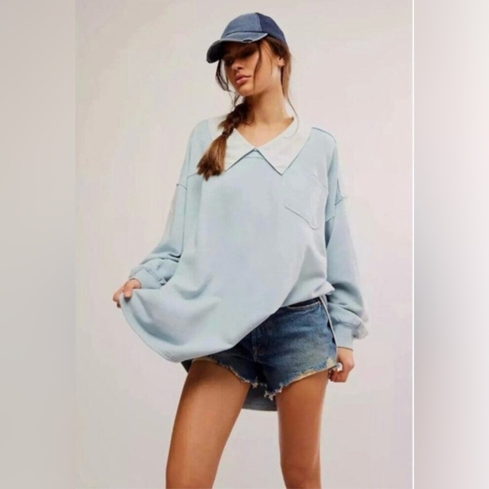 NWT Free People Madeleine Polo Sweatshirt Med Winter Sky Blue $148 Retail Cotton - Picture 4 of 11